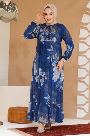 Modest İndigo Blue Long Sleeve Floral Dress 22055IM - 2