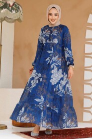 Modest İndigo Blue Long Sleeve Floral Dress 22055IM - 3