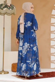 Modest İndigo Blue Long Sleeve Floral Dress 22055IM - 4