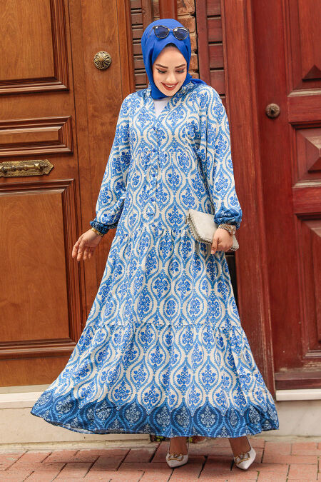 Modest İndigo Blue Maxi Floral Dress 35101IM - NEVA STYLE