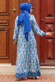 Modest İndigo Blue Maxi Floral Dress 35101IM - 3