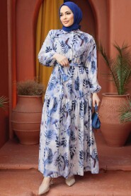 Modest İndigo Blue Maxi Floral Dress 60891IM - 2