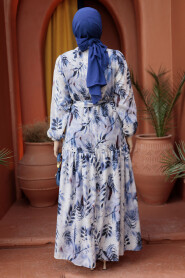 Modest İndigo Blue Maxi Floral Dress 60891IM - 3