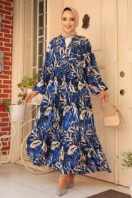 Modest İndigo Blue Patterned Long Dress 23581IM - 1