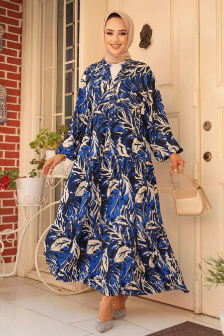 Modest İndigo Blue Patterned Long Dress 23581IM - NEVA STYLE