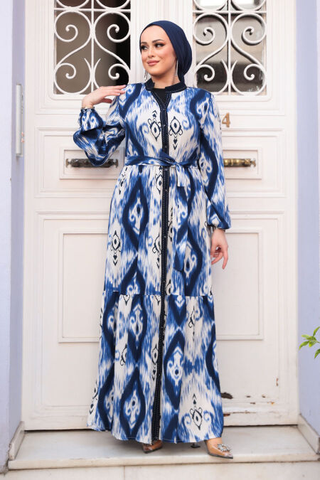 Modest İndigo Blue Patterned Long Dress 23923IM - NEVA STYLE