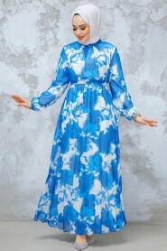 Modest İndigo Blue Pleated Maxi Dress 344602IM - 1