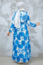 Modest İndigo Blue Pleated Maxi Dress 344602IM - 3