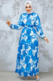 Modest İndigo Blue Pleated Maxi Dress 344602IM - 2