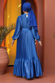 Modest İndigo Blue Pleated Maxi Dress 43532IM - 2
