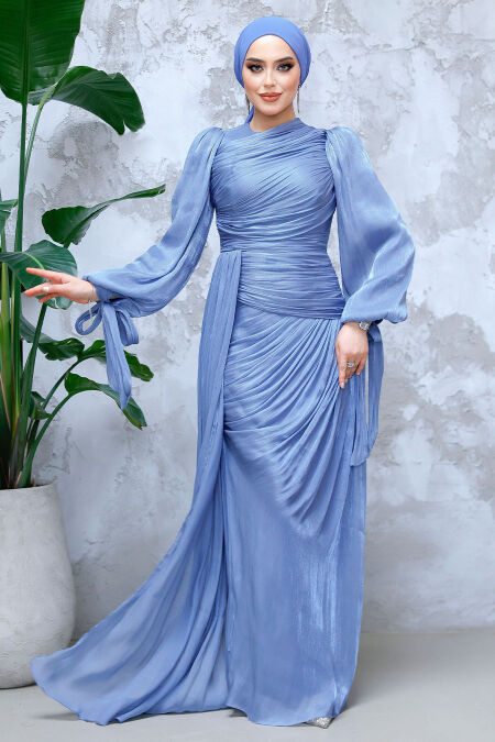 Modest İndigo Blue Prom Dress 48491IM - NEVA STYLE