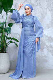 Modest İndigo Blue Prom Dress 48491IM - 3