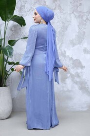 Modest İndigo Blue Prom Dress 48491IM - 4