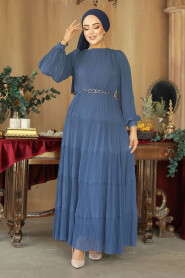 Modest İndigo Blue Ruffle Dress 44761IM - 4