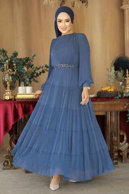 Modest İndigo Blue Ruffle Dress 44761IM - NEVA STYLE