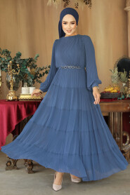 Modest İndigo Blue Ruffle Dress 44761IM - 2