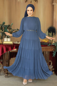 Modest İndigo Blue Ruffle Dress 44761IM - 3