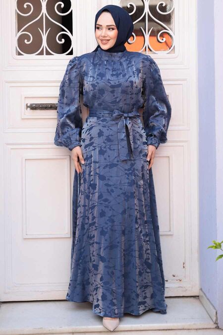 Modest İndigo Blue Satin Dress 52921IM - NEVA STYLE