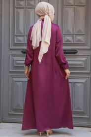 Modest İndigo Blue Satin Dress 61021IM - 3