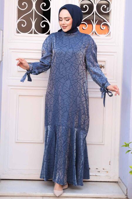 Modest İndigo Blue Satin Long Dress 4457IM - NEVA STYLE