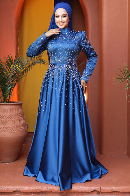 Modest İndigo Blue Satin Prom Dress 25894IM - NEVA STYLE