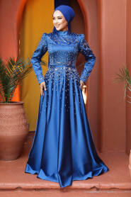 Modest İndigo Blue Satin Prom Dress 25894IM - 2