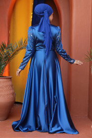 Modest İndigo Blue Satin Prom Dress 25894IM - 3