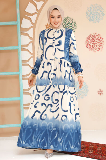Modest İndigo Blue Summer Dress 10208IM - NEVA STYLE