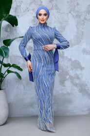 Modest İndigo Blue Wedding Dress 4764IM - 2