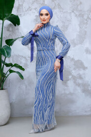 Modest İndigo Blue Wedding Dress 4764IM - 3