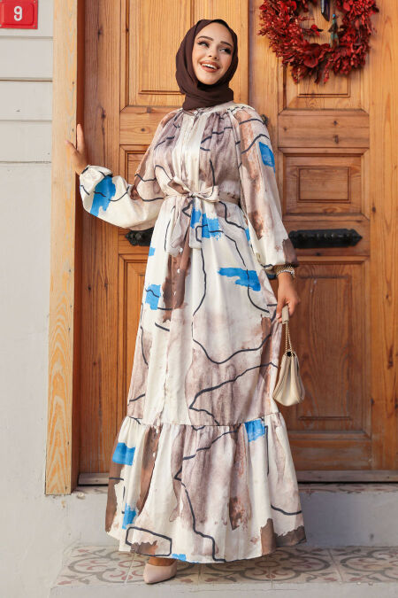 Modest Kahverengi Long Sleeve Dress 23156KH - NEVA STYLE