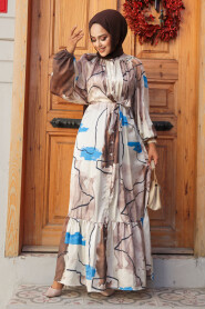 Modest Kahverengi Long Sleeve Dress 23156KH - 2