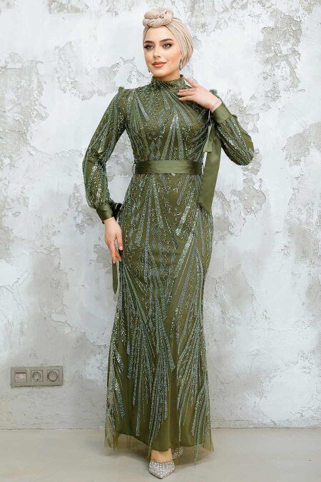 Modest Khaki Evening Long Dress 47631HK - NEVA STYLE