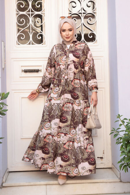 Modest Khaki Floral Dress 19037HK - NEVA STYLE