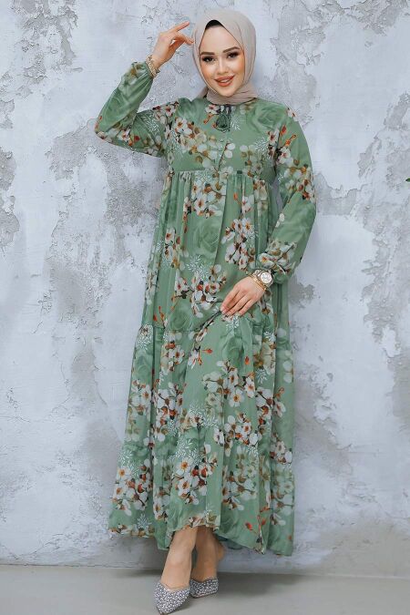 Modest Khaki Floral Dress 22053HK - NEVA STYLE