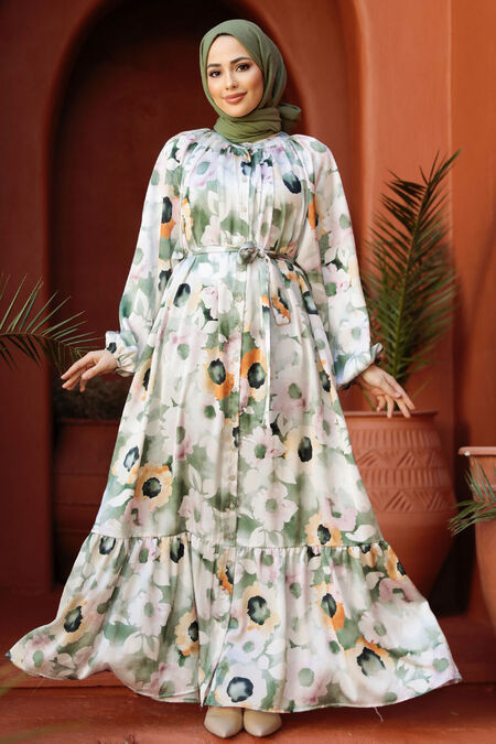 Modest Khaki Floral Dress 23153HK - NEVA STYLE