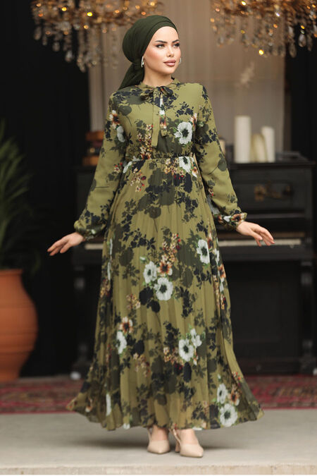 Modest Khaki Floral Long Dress 22352HK - NEVA STYLE