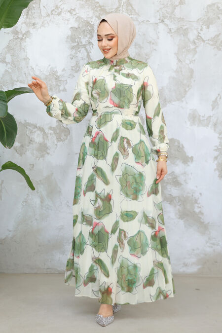 Modest Khaki Floral Long Dress 344601HK - NEVA STYLE