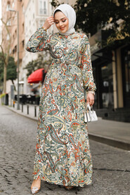 Modest Khaki Floral Long Dress 71152HK - 1