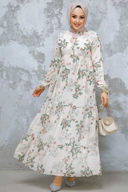 Modest Khaki Floral Maxi Dress 22054HK - NEVA STYLE