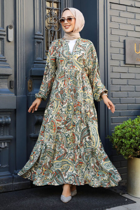 Modest Khaki Floral Maxi Dress 23585HK - NEVA STYLE