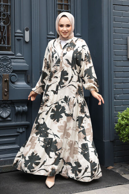 Modest Khaki Floral Maxi Dress 24061HK - NEVA STYLE