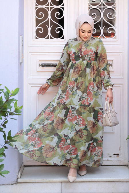 Modest Khaki Flower Long Dress 22056HK - NEVA STYLE