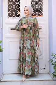 Modest Khaki Flower Long Dress 22056HK - 2