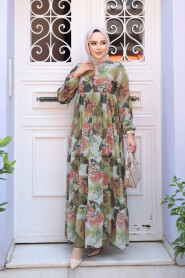 Modest Khaki Flower Long Dress 22056HK - 3