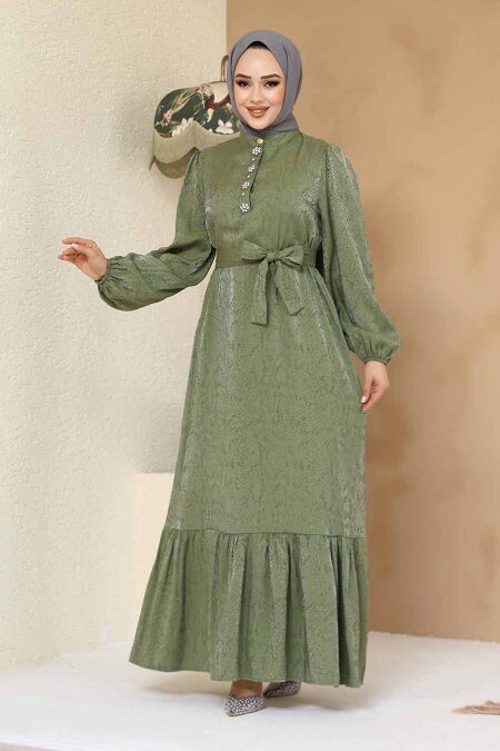 Modest Khaki Jacquard Dress 23891HK - NEVA STYLE