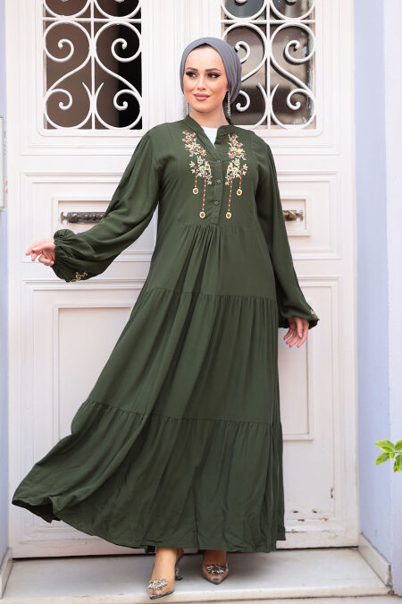 Modest Khaki Pleated Dress 32161HK - NEVA STYLE