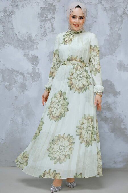 Modest Khaki Pleated Floral Dress 344603HK - NEVA STYLE