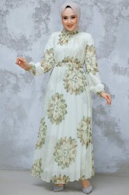 Modest Khaki Pleated Floral Dress 344603HK - 2