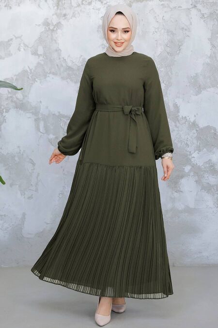 Modest Khaki Pleated Long Dress 23771HK - NEVA STYLE
